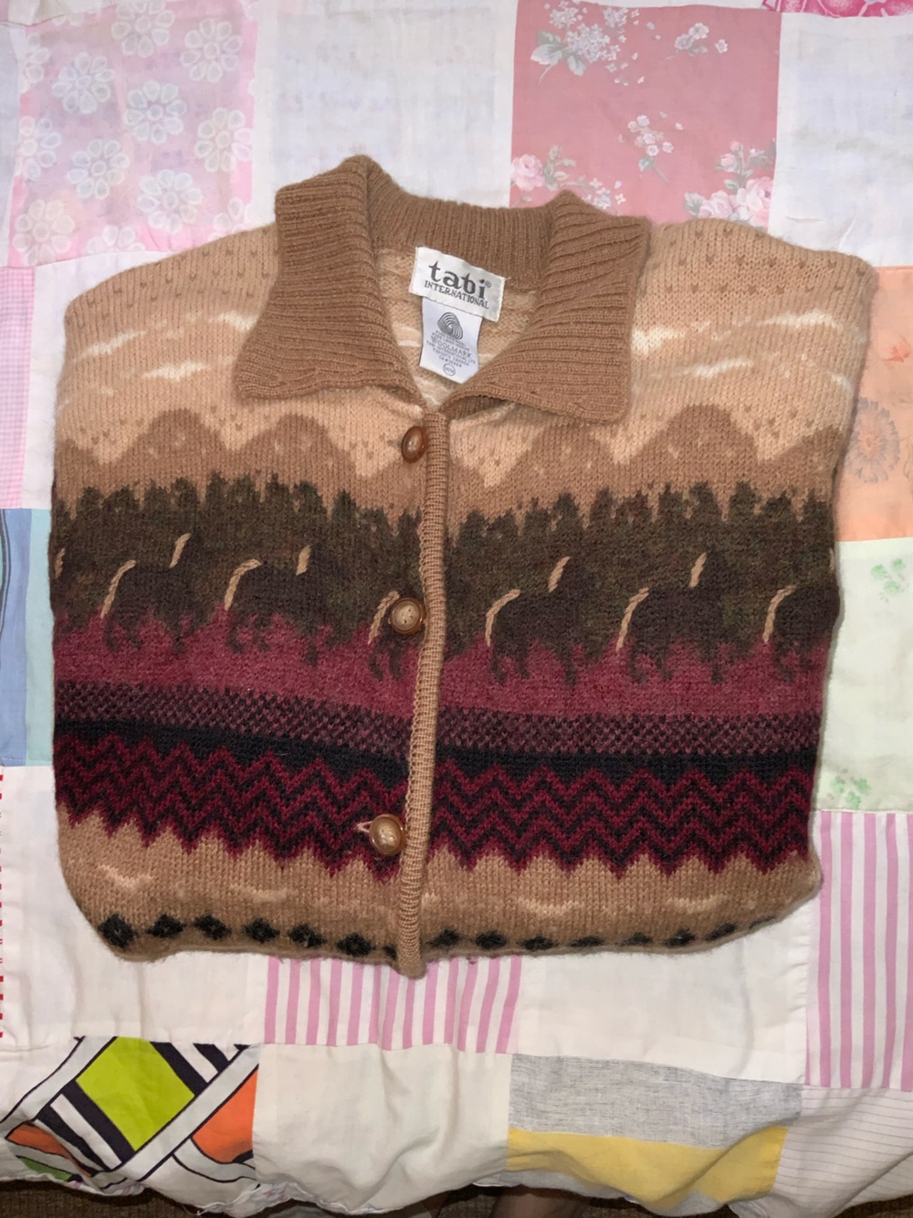 tabi international 100% wool cardigan medium jacket stripe colourful pink beige